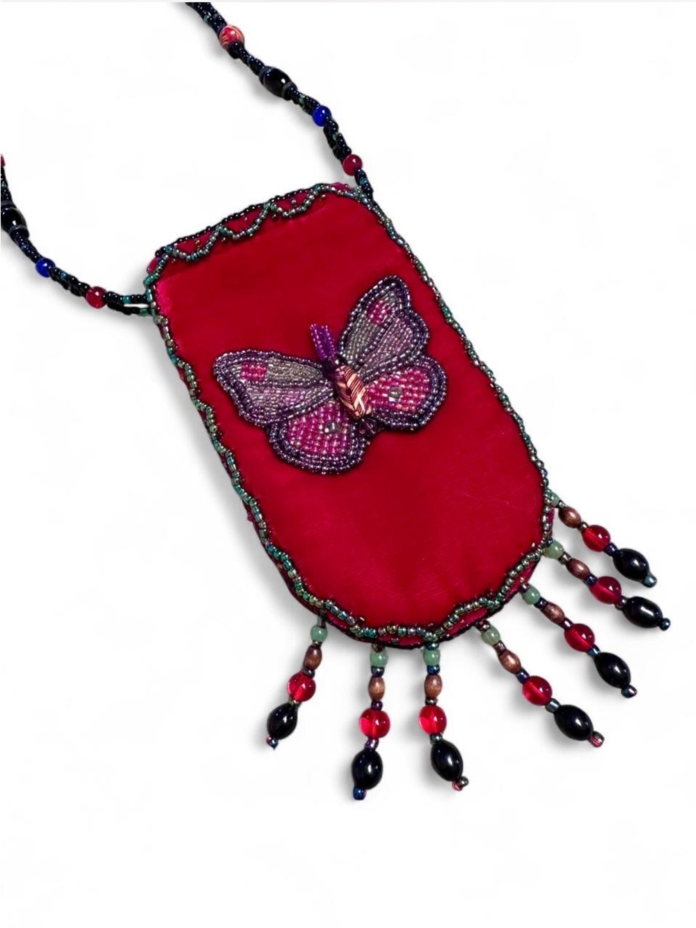 Y2k Red Velvet Beaded Pouch Purse with Butterfly